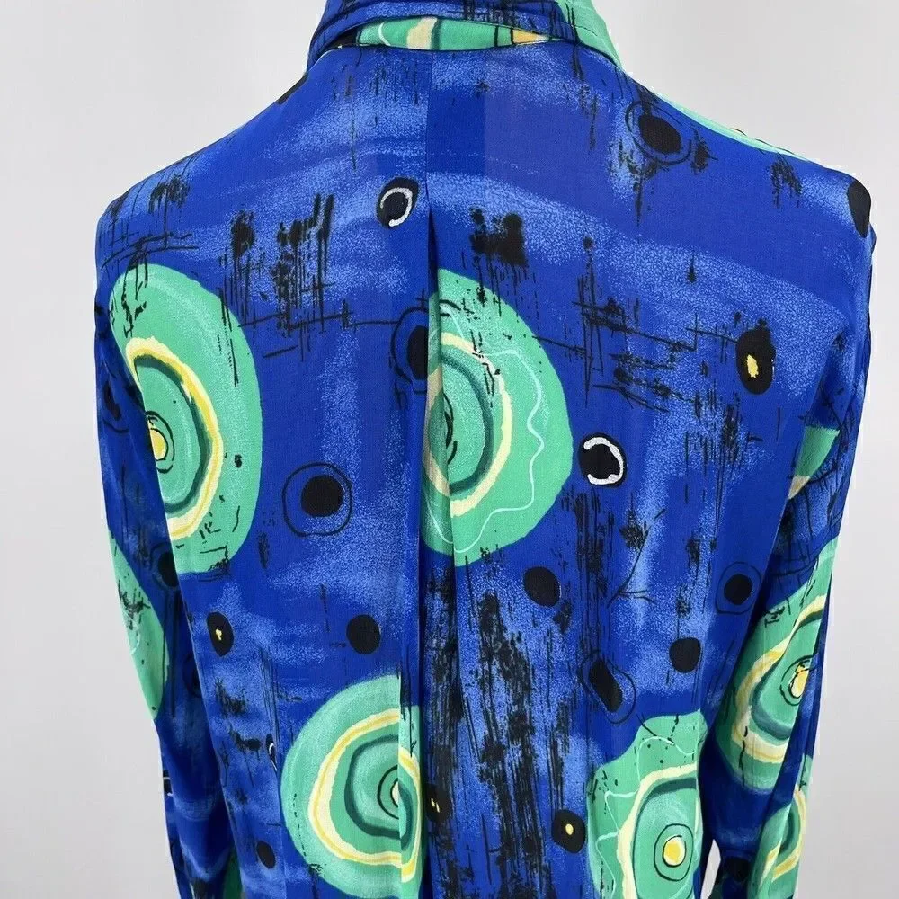 Dadier Parakian womans top S long sleeve button up silky geometric print blue